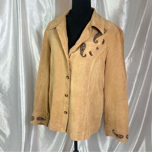 Vintage Boho Tan Faux Suede Embroidered Jacket – Western Hippie Chic | Size 16